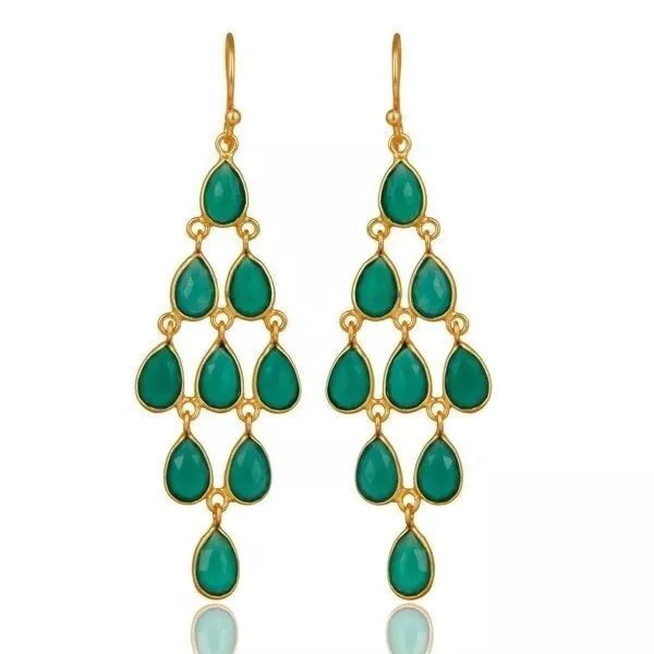 14K Yellow Gold Plated 925 Sterling Silver Green Onyx Bezel Set Dangle Earrings