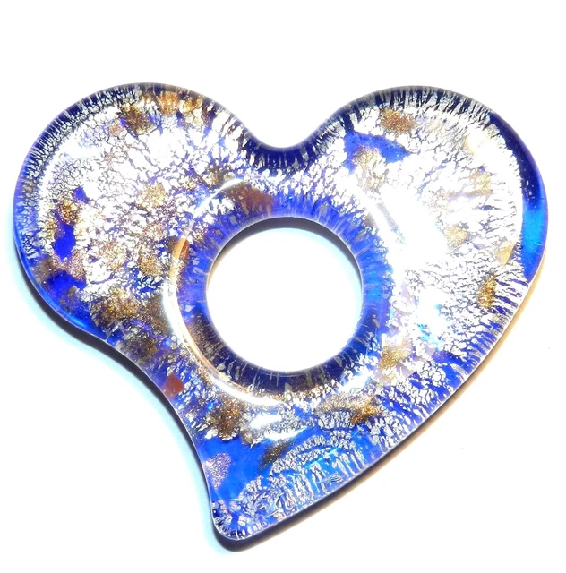 P2140 Blue with Silver & Gold Foil 58mm Falling Heart Donut Focal Pendant Bead