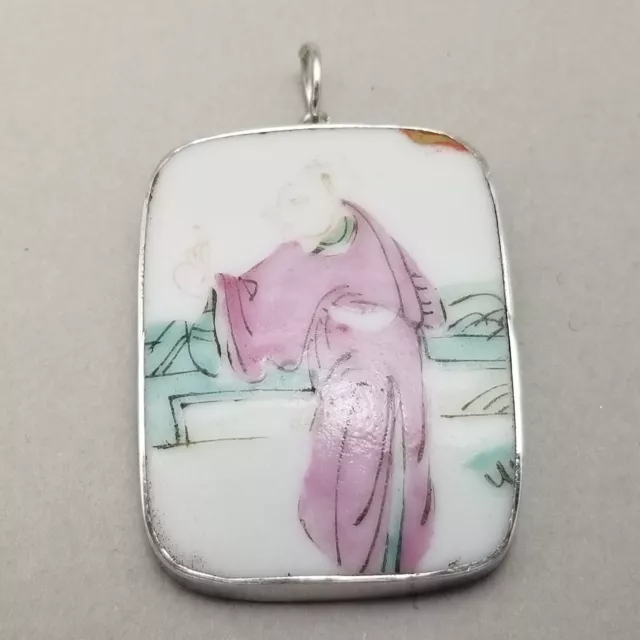 Vintage Solid Sterling Silver Chinese Painted Porcelain Necklace Pendant 9.9g 3