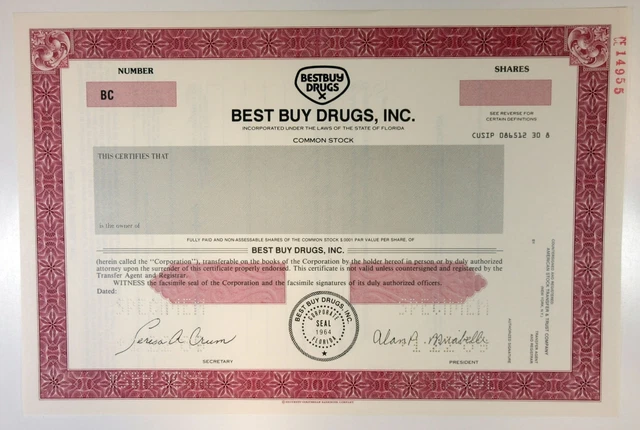 FL. Best Buy Drugs, Inc., 1989 Odd Shrs Common Stock Specimen Cert -Red