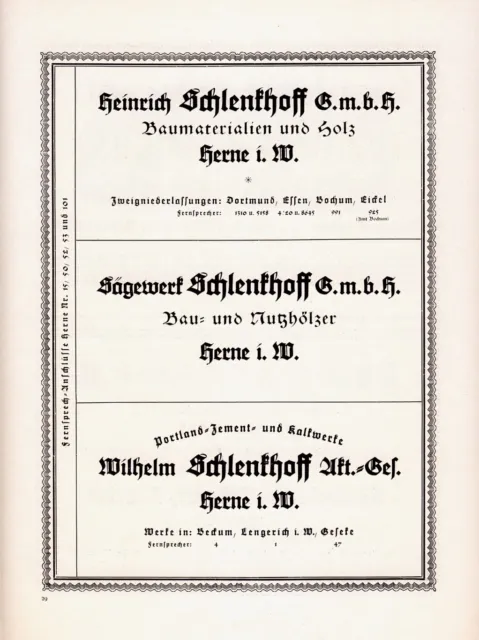 Sägewerk Schlenkhoff Herne Orig Reklame 1925 Holz Zement Beckum Lengerich Geseke