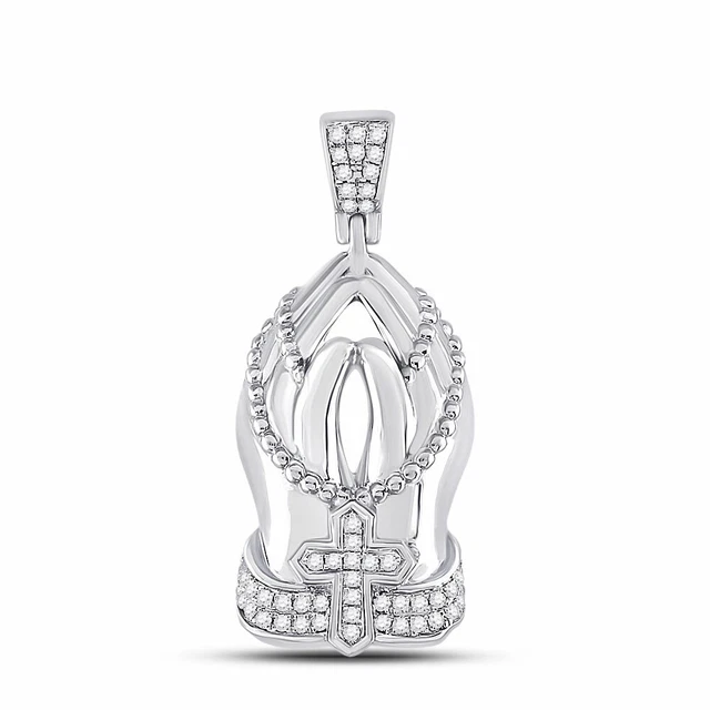 10kt White Gold Mens Round Diamond Praying Hands Rosary Charm Pendant 1/4 Cttw 10kt White Gold Mens Round Diamond Praying Hands Rosary Charm Pendant 1/4 Cttw