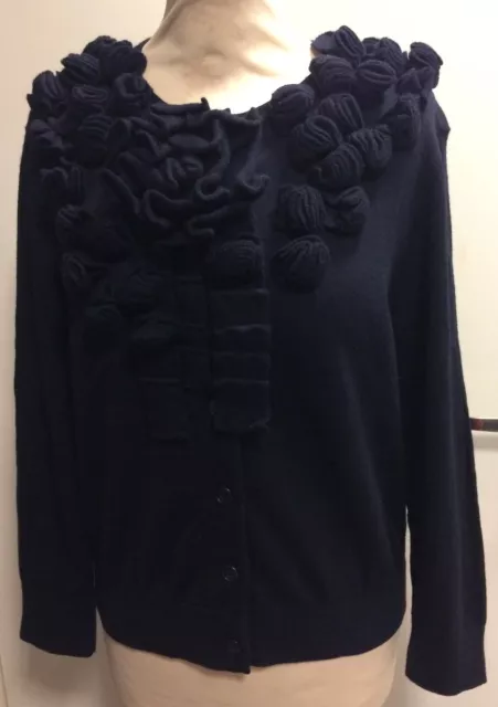 Ladies BOSS Hugo Boss Navy Blue Frill Flower Virgin Wool Cardigan Size M