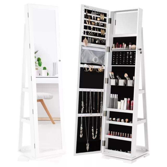 Jewellery Cabinet w/Mirror 360° Lockable Makeup Jewelry Organizer Free Standing