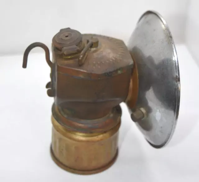 Antique Streamlined Justrite Brass Coal Miner's Carbide Helmet Light Lamp  Mining