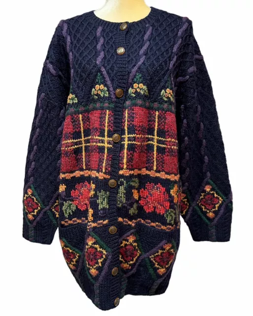 Vintage Laura Ashley Women's Wool Floral Plaid Cardigan Sweater Size XL Navy