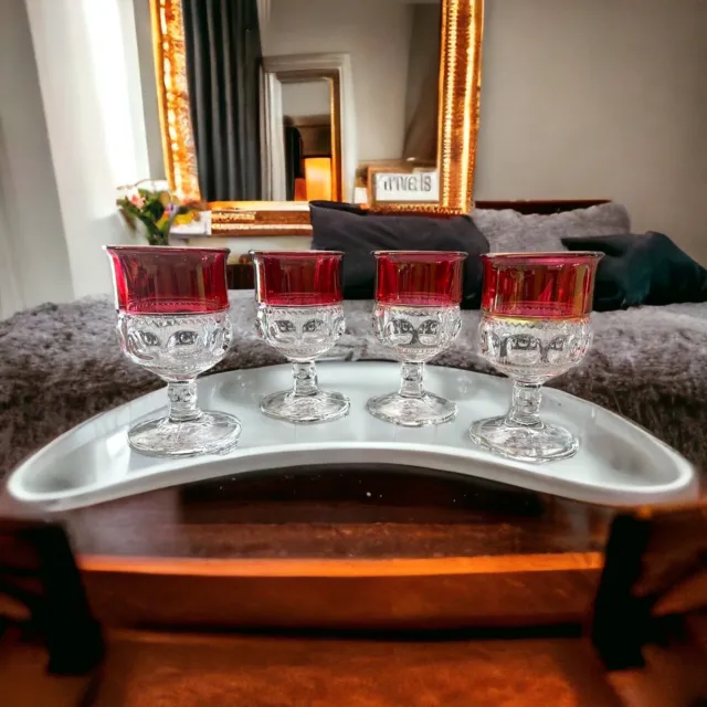 Vintage Set of 4 Kings Crown Ruby Thumbprint Cordial Wine Glasses