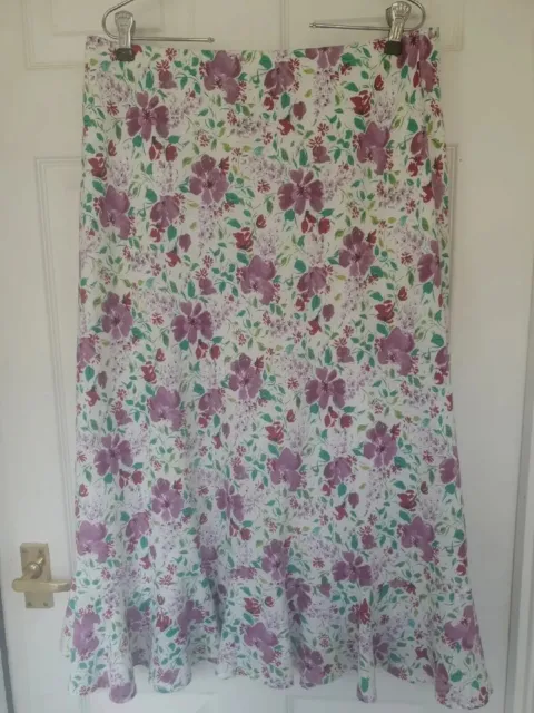 Laura Ashley White Floral A-Line Linen Skirt Lined. UK Size 14 Pre-owned