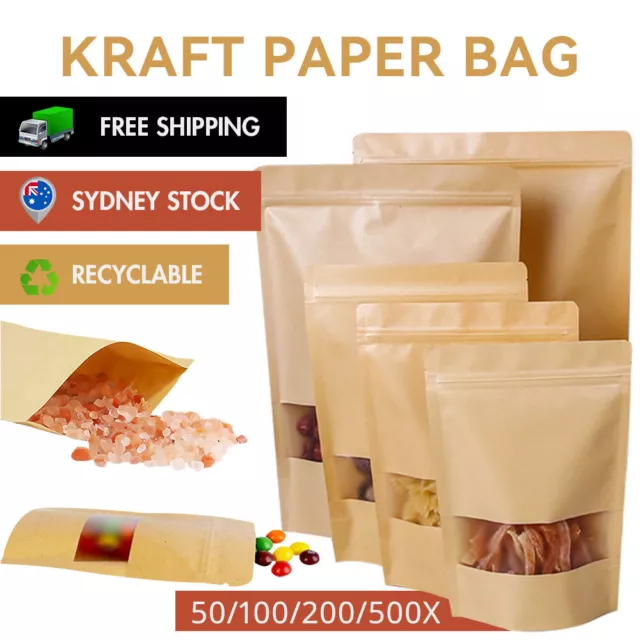 200X Kraft Paper Stand Up Doy Pouch, Zip Seal Food Bags, Window Zipper Bags BULK