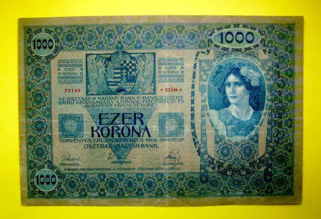 Austria/Ungarn - 1000 KORONA/KRONEN (1902),OHNE DÖ ST.!UNTERDRUCK GRÜN-BLAU!P#8a