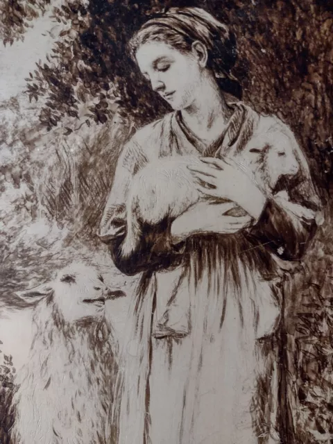 IPSEN Denmark ANTIQUE Hand Painted PLAQUE TILE after Bouguereau Newborn Lamb