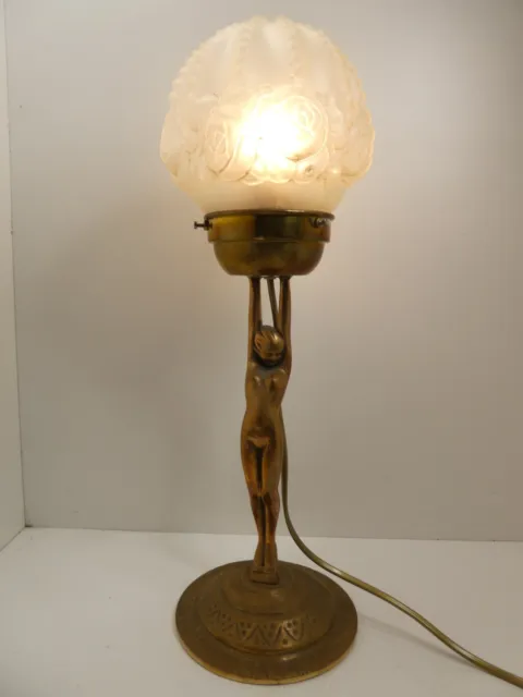 Art Deco Brass Diana Naked Lady Statue Lamp Embossed Roses Glass Lightshade