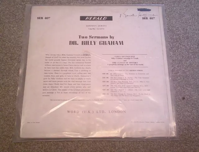 Two Sermons by DR. Billy Graham Vinyl Record - 1966 - SER 407 2