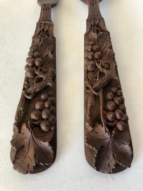 Antique French Chamonix Hand Carved Wooden Salad Toss Set Grapes Black Forest