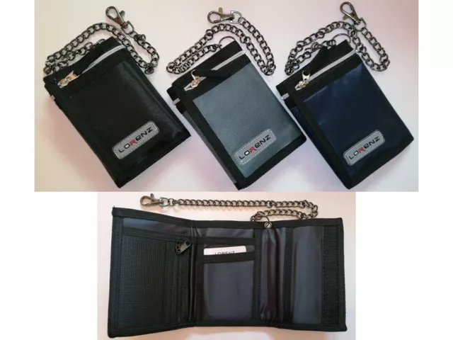 Lorenz Tri Fold Mens Boys TriFold Wallet Note Card Coin Change W Chain Zip Back