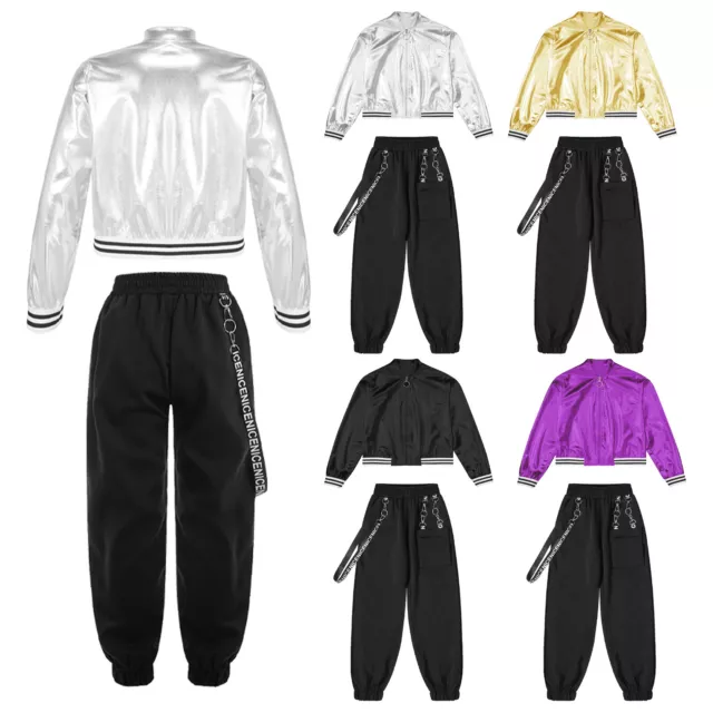 UK Girls Boys Hip Hop Jazz Latin Street Dance Set Sequins Jacket Coat with Pants