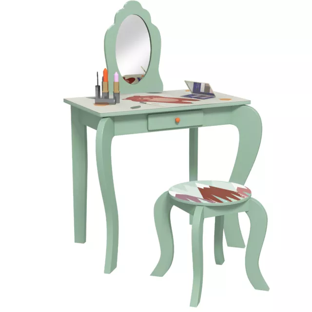 ZONEKIZ toeletta bambini con specchio, sgabello, cassetto, design animale carino, verde