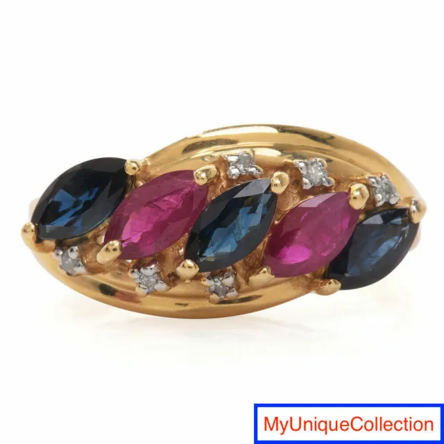 10K YELLOW GOLD Diamond Ruby Sapphire Bypass Cluster Ring Size 6.5 ...