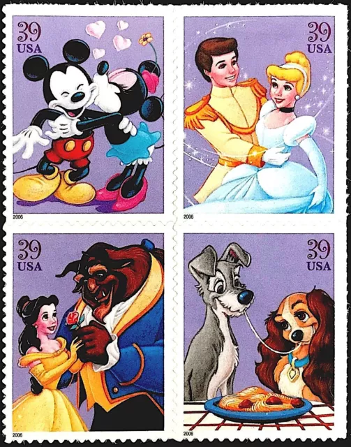 USA 4 Mint DISNEY ROMANCE STAMPS Beauty Beast Cinderella Mickey Mouse Lady Tramp