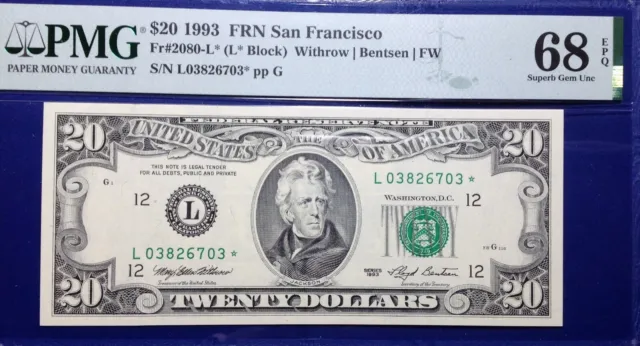 1993 $20 Federal Reserve Note Fr-2080-L* San Francisco PMG68 Superb Gem EPQ