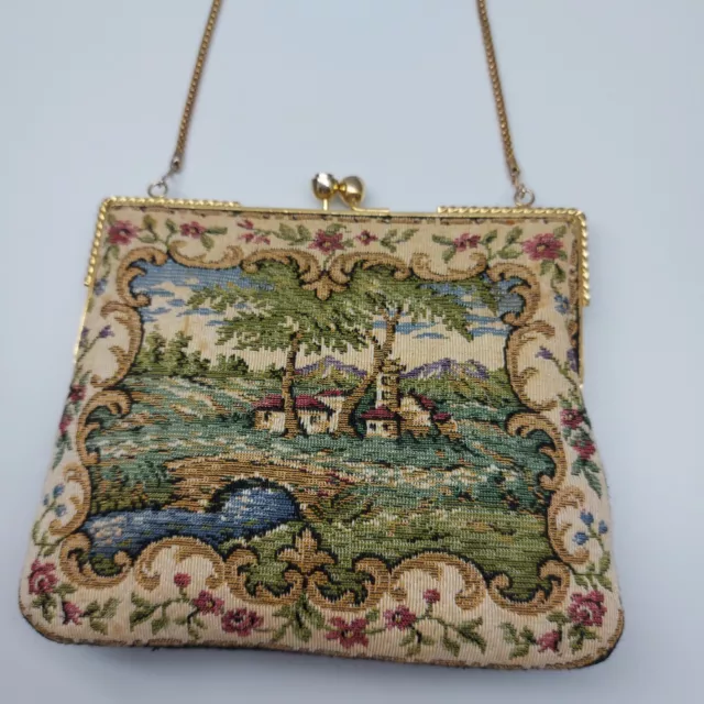 Vintage Tapestry Needlepoint Evening Bag Floral-scenic - Made In Hong Kong