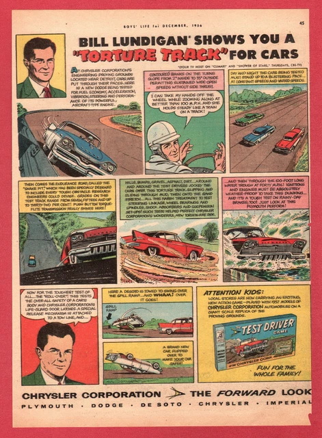 1957 Chrysler print ad Bill Lundigan “Test Driver” board game