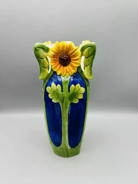 Art Nouveau Style Hand Painted Ceramic Sunflower Vase 11”