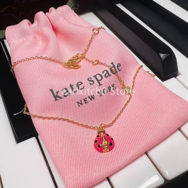NWT Kate ks Spade Pink Enamel Crystal Pave Ladybug Pendant Necklace Gold Tone
