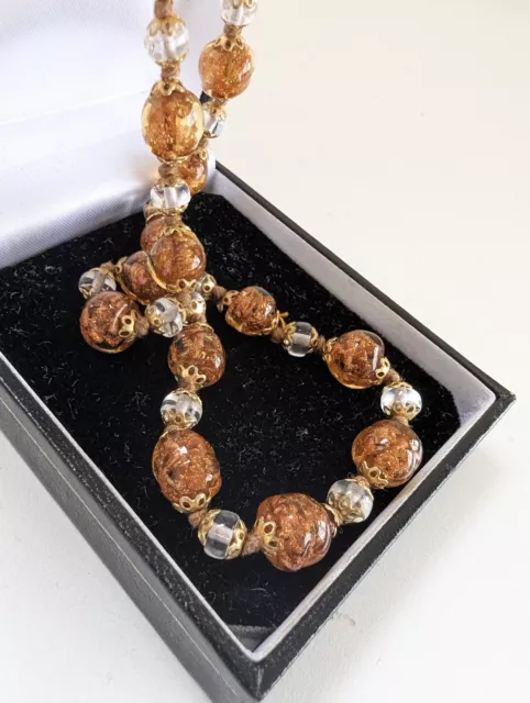 Vintage Amber Murano Art Glass Beaded Collar Length Necklace Art Deco Pretty