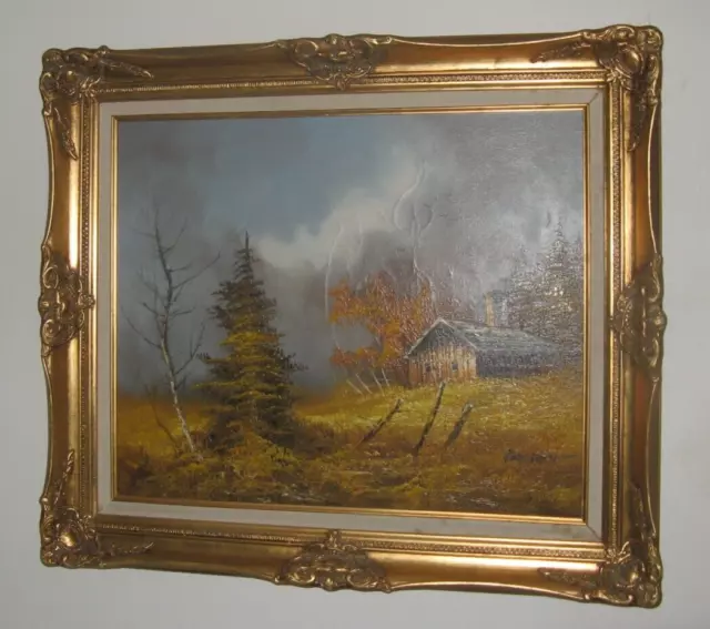 Big Signed Oil on canvas Painting, Peaceful Country Landscape Scene, Nice Frame