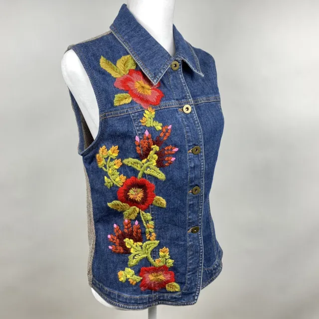 Susan Bristol S Embroidered Floral Denim Colorful Vest Flowers Herringbone Back