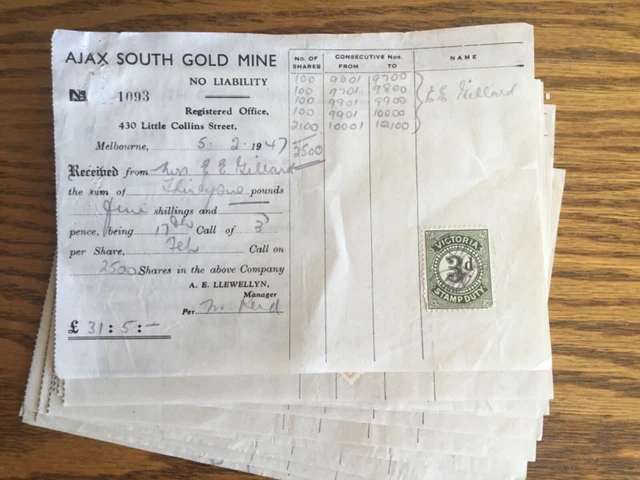 Australia New Zealand Ajax Gold Mine share certificates Tolhurst Brokers