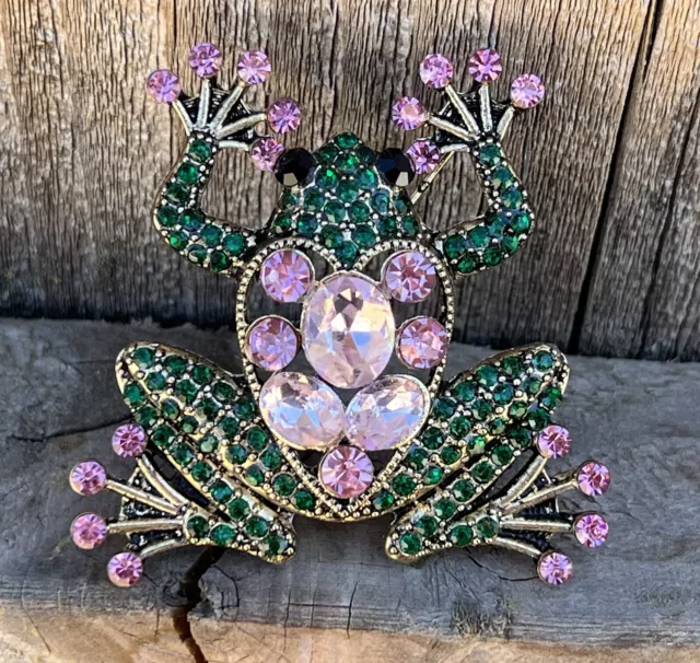 Vintage Green Pink Frog Toad Crystal Glass Rhinestone Brooch Pin Fashion Heart