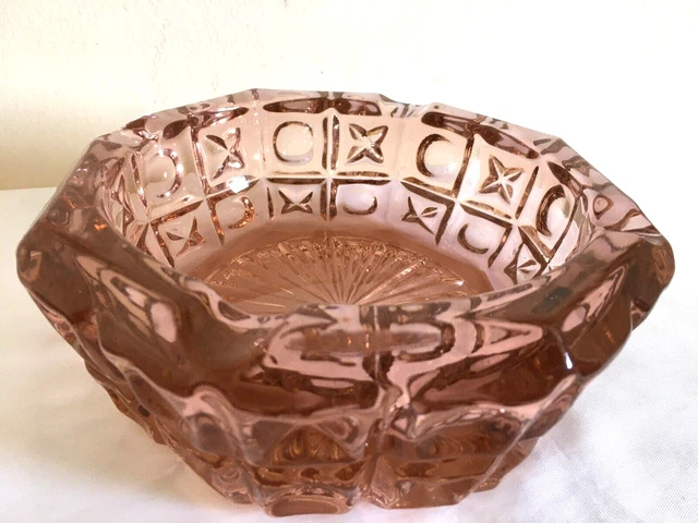 Vintage Large Heavy Textured Geometrical Design Glass  Cigarette Cigar Ashtray