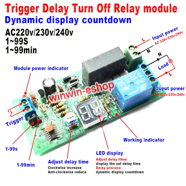 LED Delay Timing Timer Relay Switch AC220V 240V 230V Delay Turn OFF Relay Module