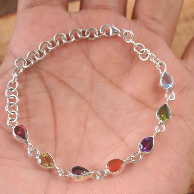 Multi Gemstone Solid 925 sterling Silver Jewelry Chain Bracelet 7.5"