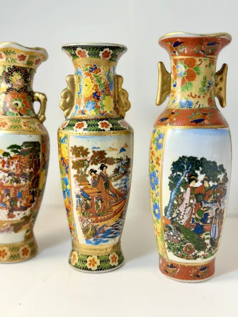 Japanese Satsuma 3 Set Oriental Vase Geisha Girls Antique Asian Pottery