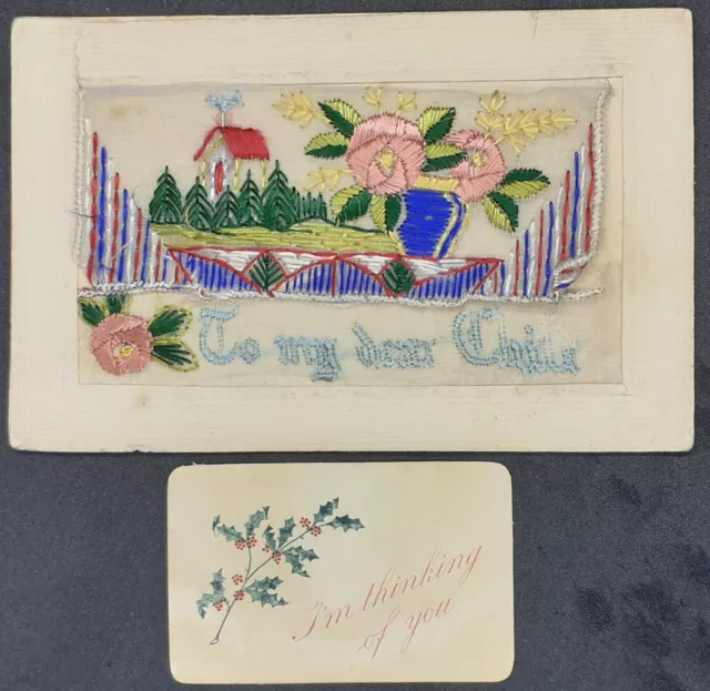 WW1 EMBROIDERED SILK POSTCARD- To My Dear Child With  Lovely Scene