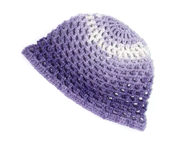 Hand Crocheted Skull Cap Hat | Lilac & Silver Fade Disco Sparkle | 