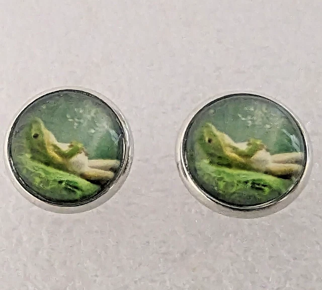 Frog Relaxing Cute Funny Small Round Silver Alloy Post Stud Earrings Jewelry