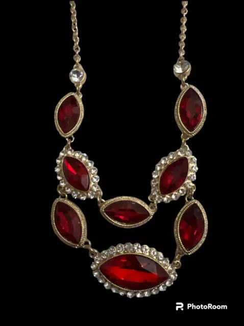 MONET Necklace Gold Tone RED Crystal Rhinestone Bib Statement Earrings Set