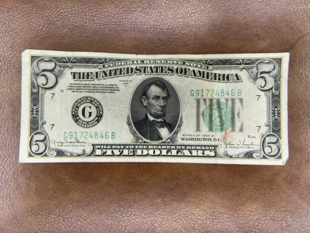 1934 Series D $5 -LGS (Light Green Seal) Circulated - Nice