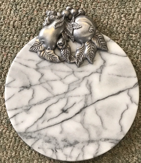 VTG. Marble With Pewter Fruit- Cheese Cutting Board 10 In. Diameter
