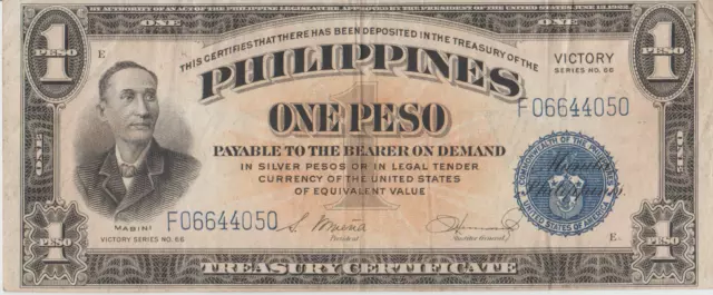 1944 Philippines (One Peso) Victory (Treasury Silver Certificate) Era War Ii