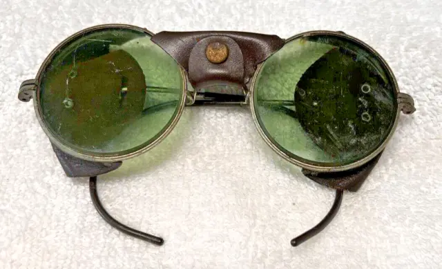 Antique Green Glass Safety Goggles Eyeglasses w Leather