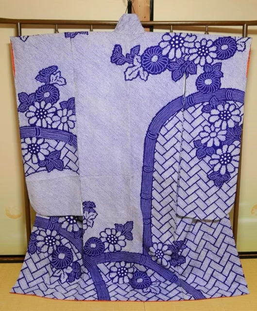 Furisode Silk Kimono Women Japanese vintage Wedding Shibori Robe 164cm Long /758