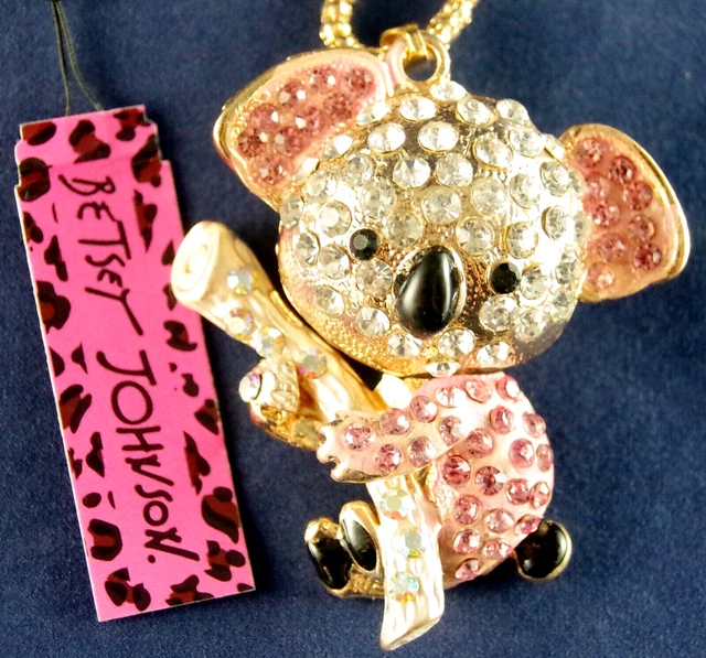 *Articulated* 3D NWT BETSEY JOHNSON LARGE PINK AB RHINESTONE KOALA BEAR NECKLACE