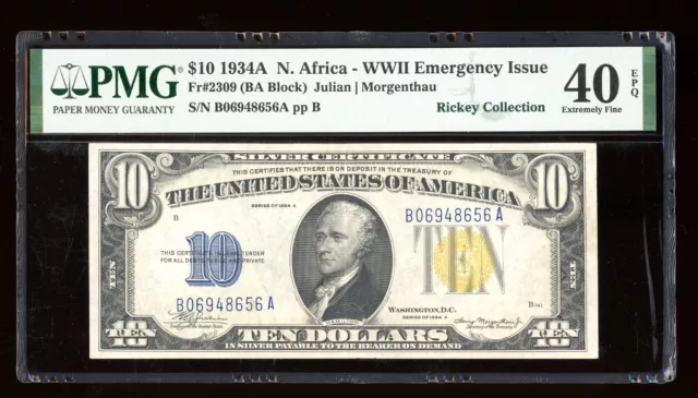 DBR 1934-A $10 North Africa Silver Fr. 2309 PMG XF-40 EPQ Serial B06948656A