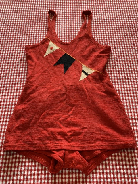 Antique Vintage Wool Bathing Suit 1920s 20’s Red Flags Swim Full Swimsuit Skort