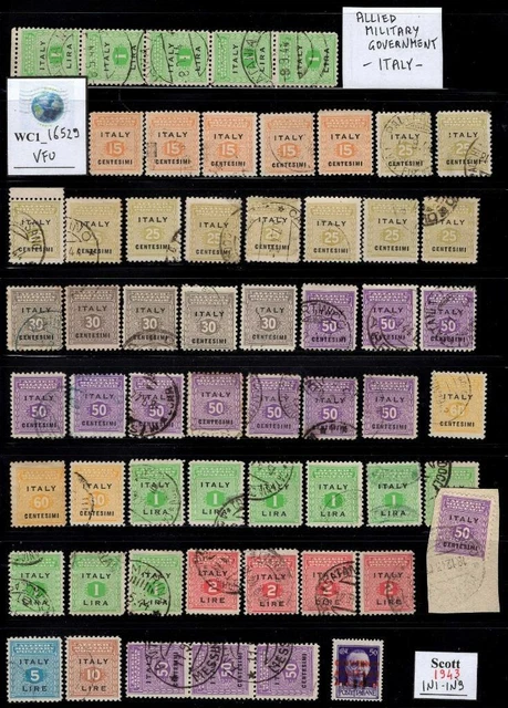 WC1_16529. ITALY: ALLIED MIL. GOVT. Large lot of 1943 stamps.Sc. 1N1-1N9. Used